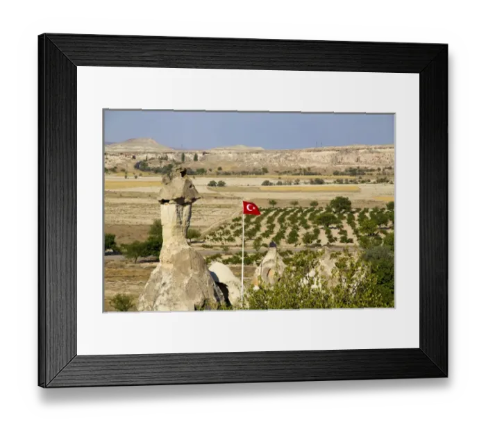 Framed Print : Asia, Turkey, Cappadocia. Turkish flag is flying over Pomegranate orchards Framed Print : Asia, Turkey, Cappadocia. Turkish flag is flying over Pomegranate orchards