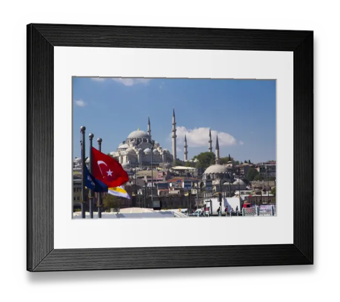 Framed Print : Asia, Turkey, Istanbul. Seen from waterfront, with Turkish red flag, the Blue Mosque