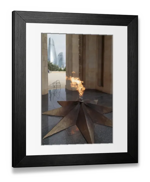 Framed Print : Azerbaijan, Baku. The Eternal Flame memorial in Dagustu park, with the Flame Towers