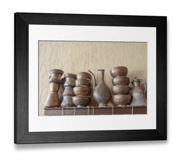 Framed Print : Azerbaijan, Lahic. A collection of engraved bowls and kettles
