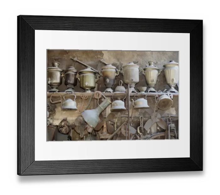 Framed Print : Azerbaijan, Lahic. A collection of antique kettles and pitchers Framed Print : Azerbaijan, Lahic. A collection of antique kettles and pitchers