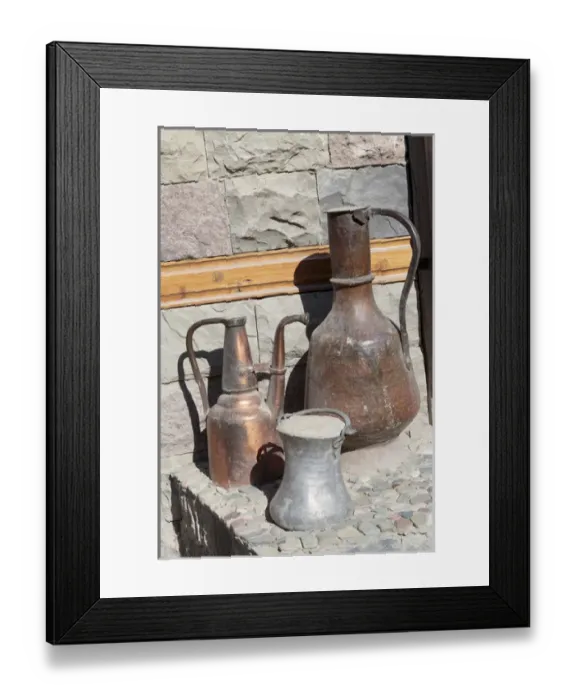 Framed Print : Azerbaijan, Lahic. A copper kettle and jug sitting outside a residence Framed Print : Azerbaijan, Lahic. A copper kettle and jug sitting outside a residence