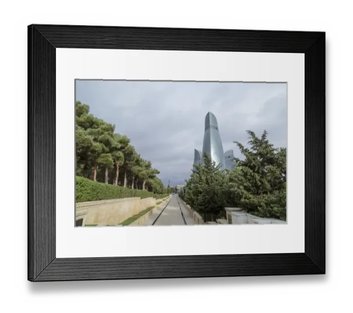 Framed Print : Azerbaijan, Baku. A walkway in Dagustu park, with the Flame Towers in the background Framed Print : Azerbaijan, Baku. A walkway in Dagustu park, with the Flame Towers in the background