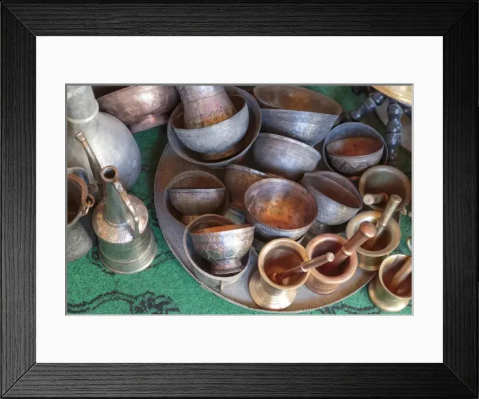 Framed Print : Azerbaijan, Lahic. A collection of engraved copper cups and mortars
