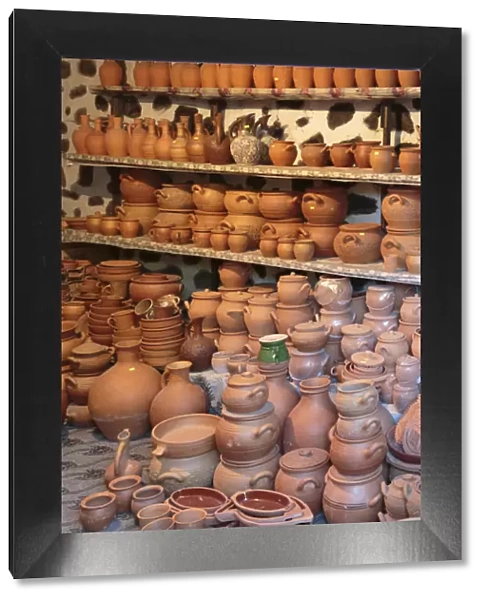 Azerbaijan, Sheki. A collection of ceramic jars and pots