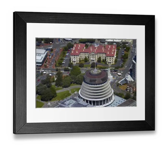 Framed Print : The Beehive, Parliament Grounds, and Old Government Buildings, Wellington, North Island