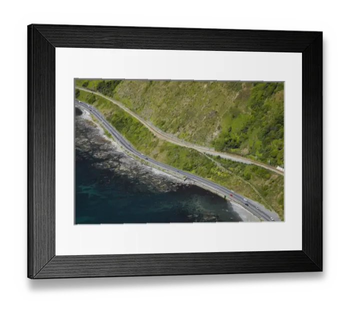 Framed Print : State Highway One and North Island Main Trunk Railway, between Paekakariki and Pukerua Bay