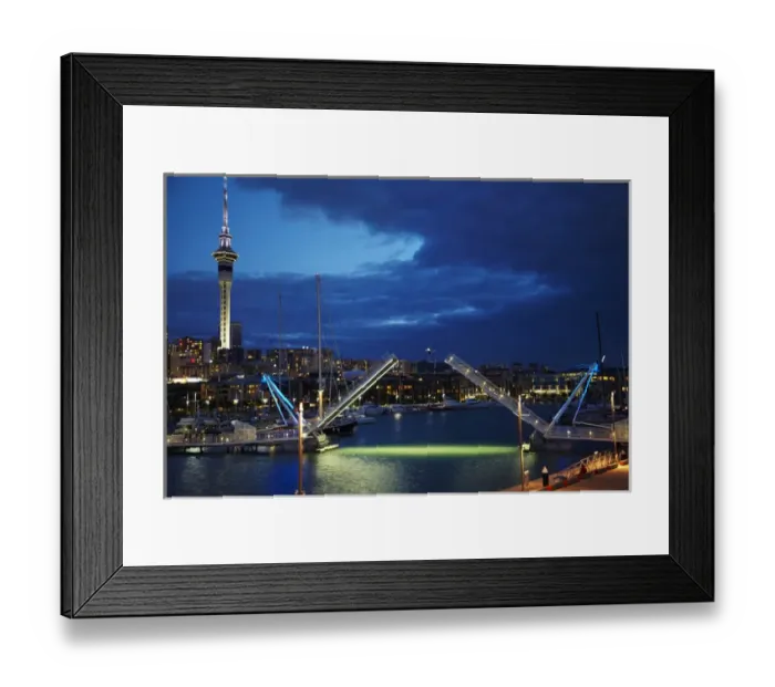 Framed Print : Wynyard Crossing bridge, and Skytower, Auckland waterfront, North Island, New Zealand
