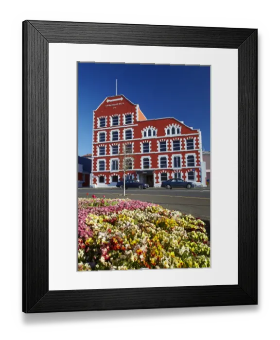Framed Print : Spring flowers and historic Crown Mills Building, Dunedin, Otago, South Island, New