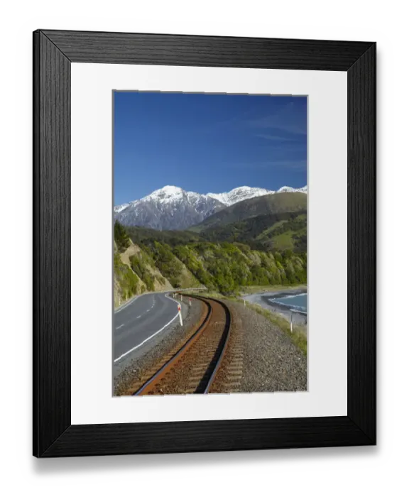 Framed Print : Road, railway, and Seaward Kaikoura Ranges, Mangamaunu, near Kaikoura, Marlborough Framed Print : Road, railway, and Seaward Kaikoura Ranges, Mangamaunu, near Kaikoura, Marlborough
