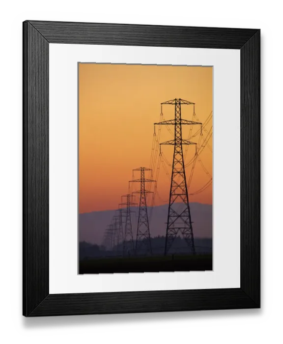 Framed Print : Row of power pylons at sunset, Mid Canterbury, South Island, New Zealand Framed Print : Row of power pylons at sunset, Mid Canterbury, South Island, New Zealand