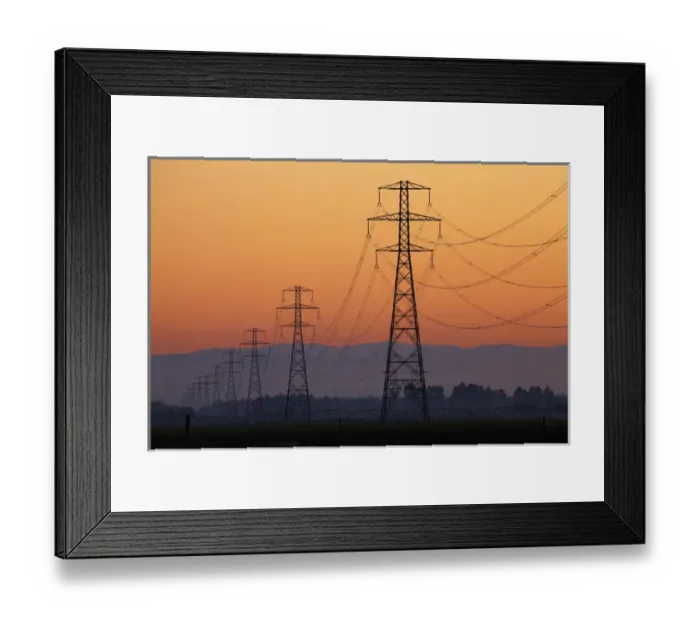 Framed Print : Row of power pylons at sunset, Mid Canterbury, South Island, New Zealand Framed Print : Row of power pylons at sunset, Mid Canterbury, South Island, New Zealand