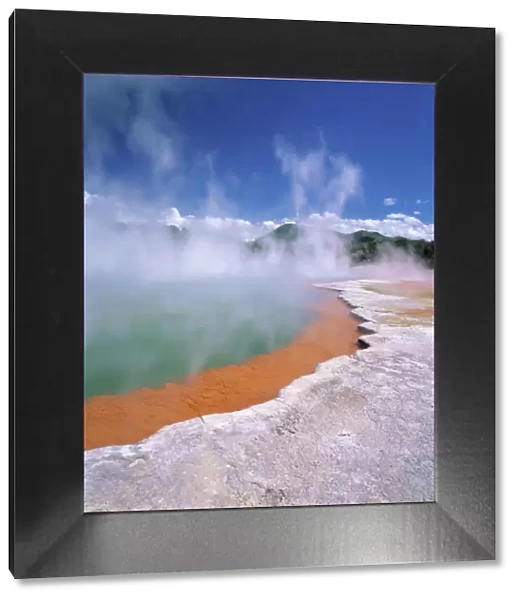 Wai-O-Tapu Thermal Area, steam rising from Champagne Pool, North Island of New Zealand