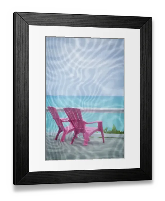Framed Print : Bahamas, Little Exuma Island. Deck chairs seen through screen door