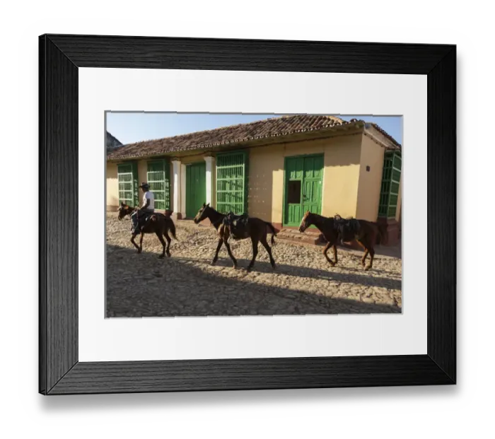 Framed Print : Cuba, Trinidad. Pulling horses along cobblestone street Framed Print : Cuba, Trinidad. Pulling horses along cobblestone street