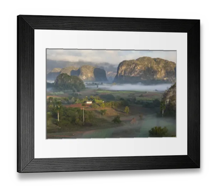 Framed Print : Cuba, Vinales. Morning fog blankets the Vinales valley, a farming region rich in tobacco