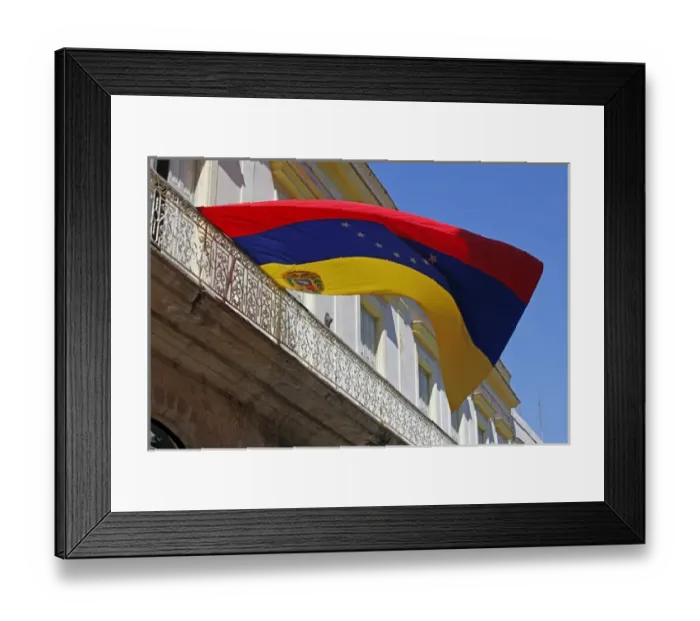 Framed Print : Central America, Cuba, Havana. Venezuela flag flies from balcony in Havana, Cuba