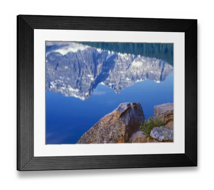 Framed Print : Canada, Alberta, Banff National Park, Lichen covered shoreline rocks and reflection Framed Print : Canada, Alberta, Banff National Park, Lichen covered shoreline rocks and reflection