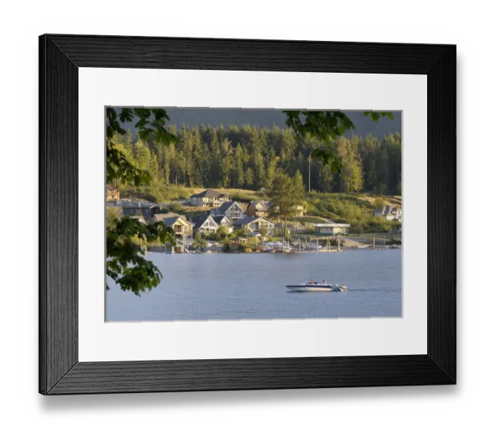 Framed Print : Canada, British Columbia, Cowichan Lake. Ski boat on Cowichan Lake in front of houses Framed Print : Canada, British Columbia, Cowichan Lake. Ski boat on Cowichan Lake in front of houses