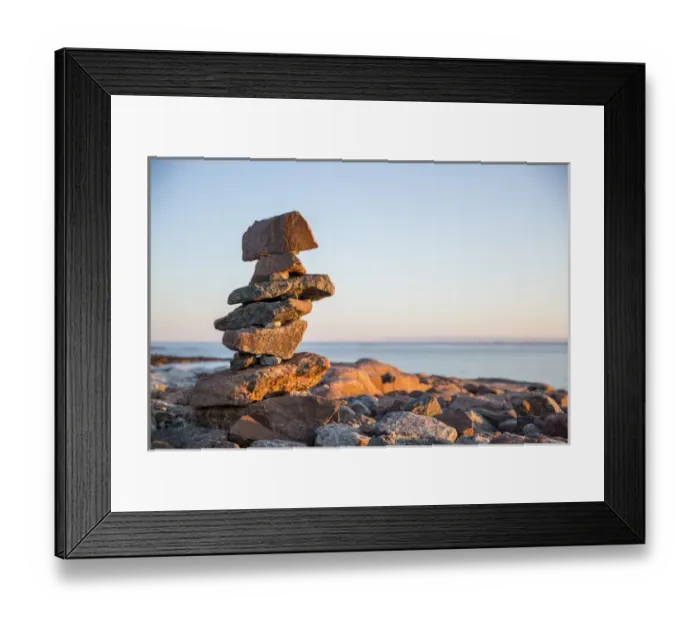 Framed Print : Canada, Nunavut, Territory, Setting sun lights stone cairns on Harbour Islands along
