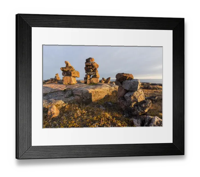Framed Print : Canada, Nunavut, Territory, Setting sun lights stone cairns on Harbour Islands along Framed Print : Canada, Nunavut, Territory, Setting sun lights stone cairns on Harbour Islands along