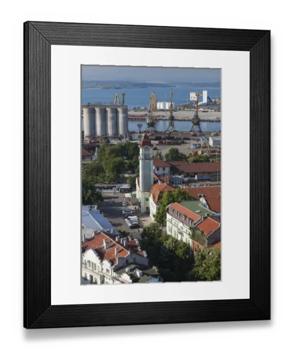 Framed Print : Bulgaria, Black Sea Coast, Burgas, elevated city view with train station, dawn