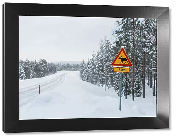 Moose crossing sign on snowy winter road, Lapland, North Finland