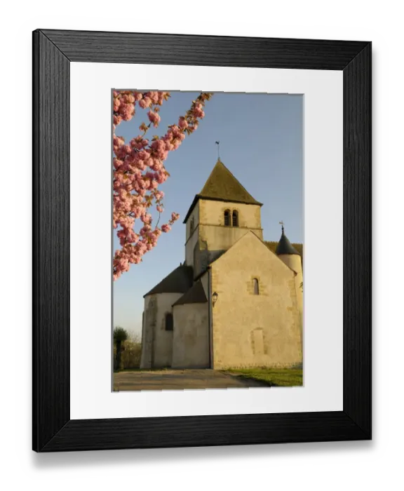 Framed Print : Europe, France, Burgundy, Nievre, Cercy-la-Tour. Church Saint-Pierre with tree blossoms