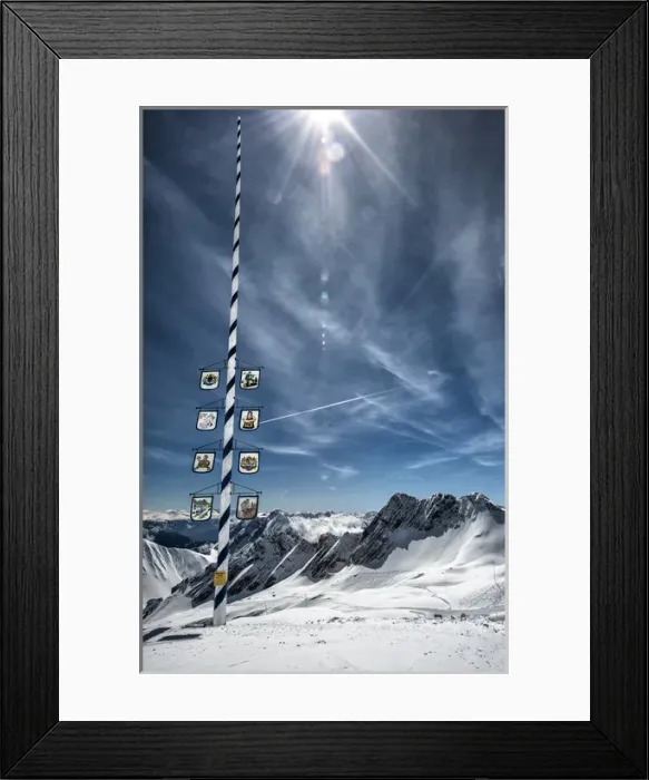 Framed Print : Bavarian Alps, Zugspitze, Germany and Maypole in winter vertical Framed Print : Bavarian Alps, Zugspitze, Germany and Maypole in winter vertical