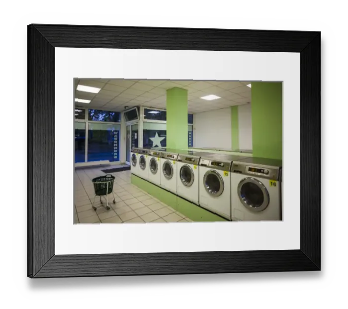 Framed Print : Germany, Hesse, Darmstadt, self-service laundry, interior Framed Print : Germany, Hesse, Darmstadt, self-service laundry, interior
