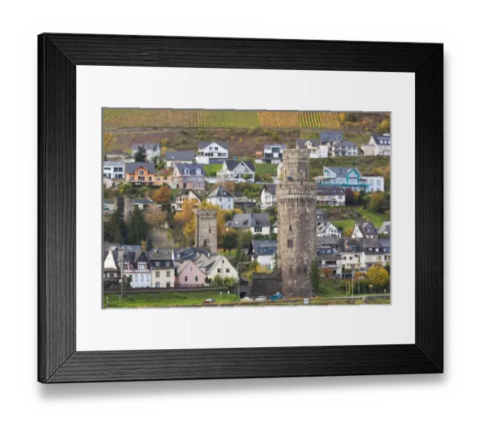 Framed Print : Germany, Rheinland-Pfalz, Oberwesel, town wall watch tower by the Rhein River, autumn