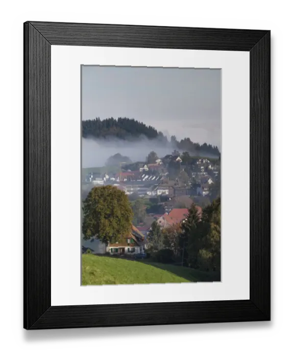 Framed Print : Germany, Baden-Wurttemburg, Black Forest, Horben, town view in morning fog, autumn Framed Print : Germany, Baden-Wurttemburg, Black Forest, Horben, town view in morning fog, autumn