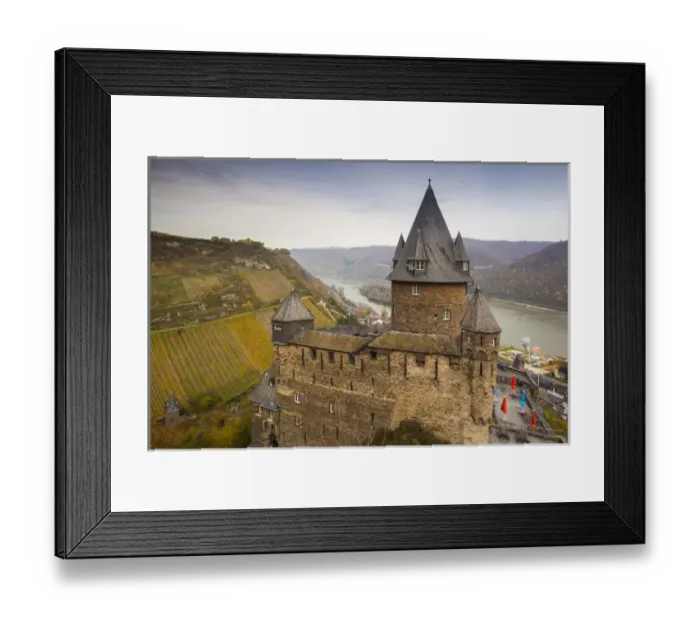 Framed Print : Germany, Rheinland-Pfalz, Bacharach, elevated view of Burg Stahleck Castle, autumn