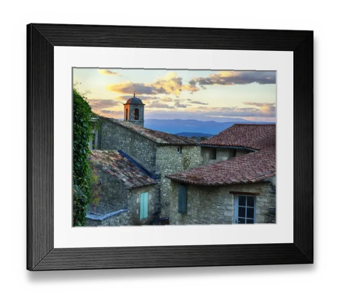 Framed Print : Europe; France; Provence; Lacoste; Church Bell Tower and City at Sunset