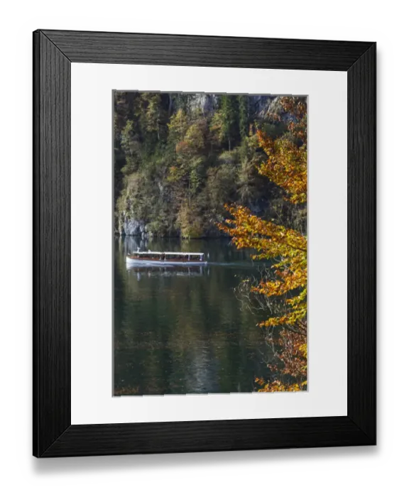 Framed Print : Germany, Bavaria, Konigsee, electrically powered lake tour boats, fall Framed Print : Germany, Bavaria, Konigsee, electrically powered lake tour boats, fall