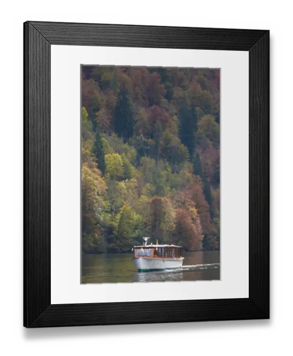 Framed Print : Germany, Bavaria, Konigsee, electrically powered lake tour boats, fall Framed Print : Germany, Bavaria, Konigsee, electrically powered lake tour boats, fall