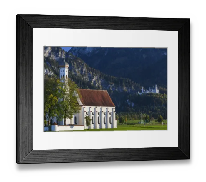 Framed Print : Germany, Bavaria, Hohenschwangau, Schloss Neuschwanstein castle and St. Coloman church Framed Print : Germany, Bavaria, Hohenschwangau, Schloss Neuschwanstein castle and St. Coloman church