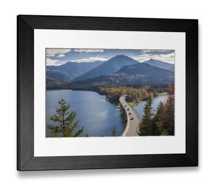 Framed Print : Germany, Bavaria, Fall, Fallerklamm Bridge over the Sylvenstein Lake, elevated view, fall Framed Print : Germany, Bavaria, Fall, Fallerklamm Bridge over the Sylvenstein Lake, elevated view, fall