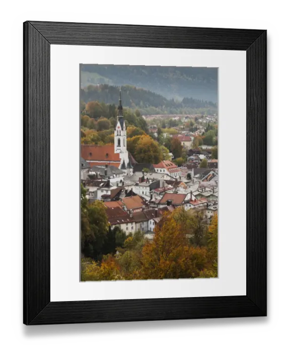 Framed Print : Germany, Bavaria, Bad Tolz, elevated town view from the Kalvarienberg, morning, fall Framed Print : Germany, Bavaria, Bad Tolz, elevated town view from the Kalvarienberg, morning, fall