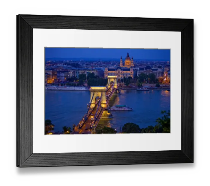 Framed Print : Europe, Hungary, Budapest. Chain Bridge lit at night