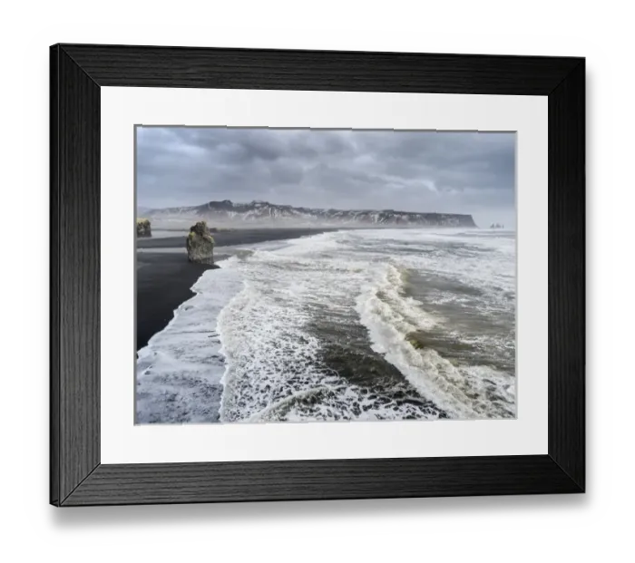 Framed Print : North Atllantic coast near Vik y Myrdal during a winter storm with heavy gales. europe