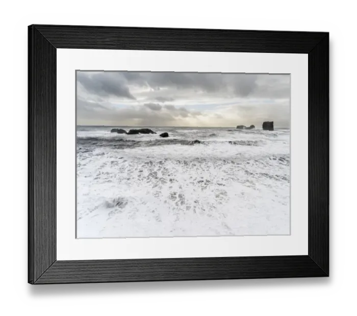 Framed Print : North Atllantic coast near Vik y Myrdal during a winter storm with heavy gales. europe