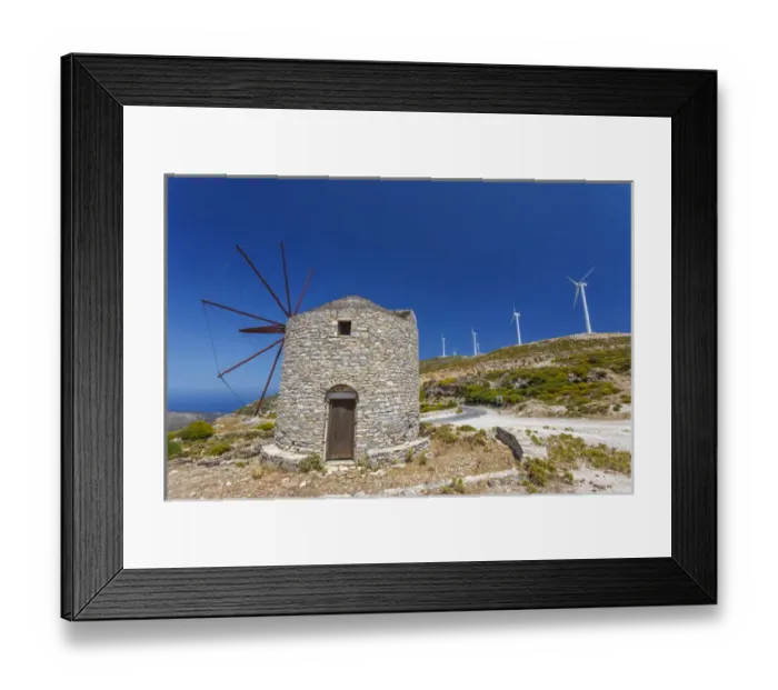 Framed Print : Old windmill and modern wind turbines. Naxos Island, Greece Framed Print : Old windmill and modern wind turbines. Naxos Island, Greece