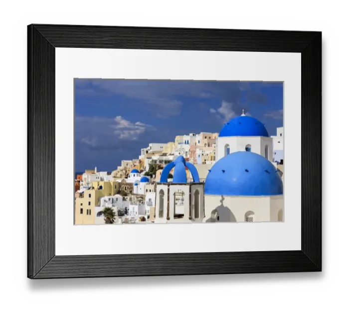 Framed Print : Blue Roofed Churches are everywhere on the Island. Cities embrace the steep Mountain Sides Framed Print : Blue Roofed Churches are everywhere on the Island. Cities embrace the steep Mountain Sides