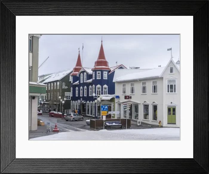 Framed Print : Akureyri during winter, Hafnarstraeti in the town center. The traffic calmed street is kept snow Framed Print : Akureyri during winter, Hafnarstraeti in the town center. The traffic calmed street is kept snow