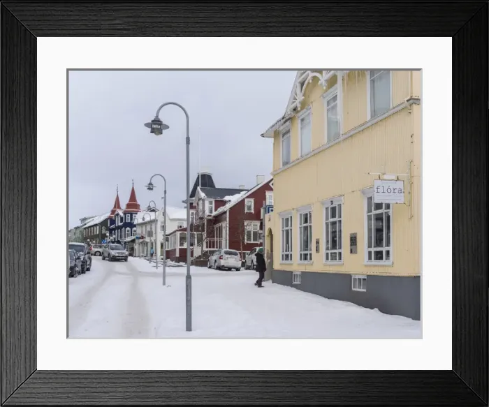 Framed Print : Akureyri during winter. Town center with typical historic buildings