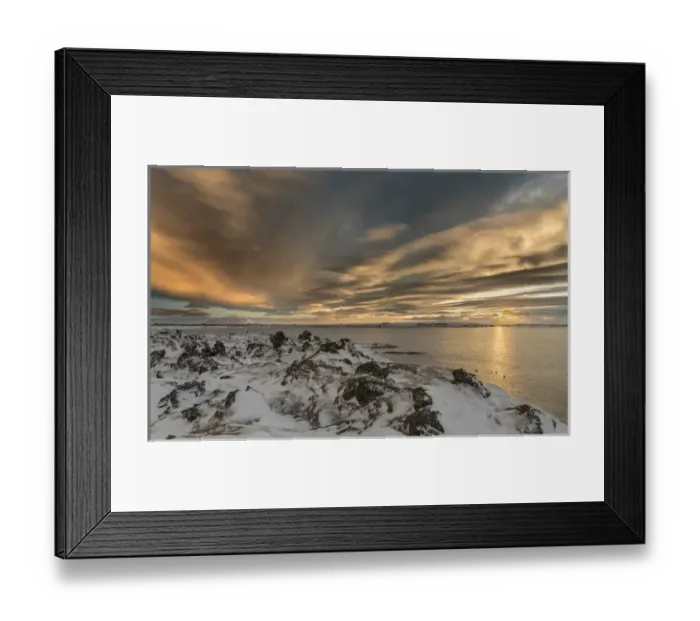 Framed Print : Sunset over lake Myvatn in the highlands of Iceland during winter with lava rock formations