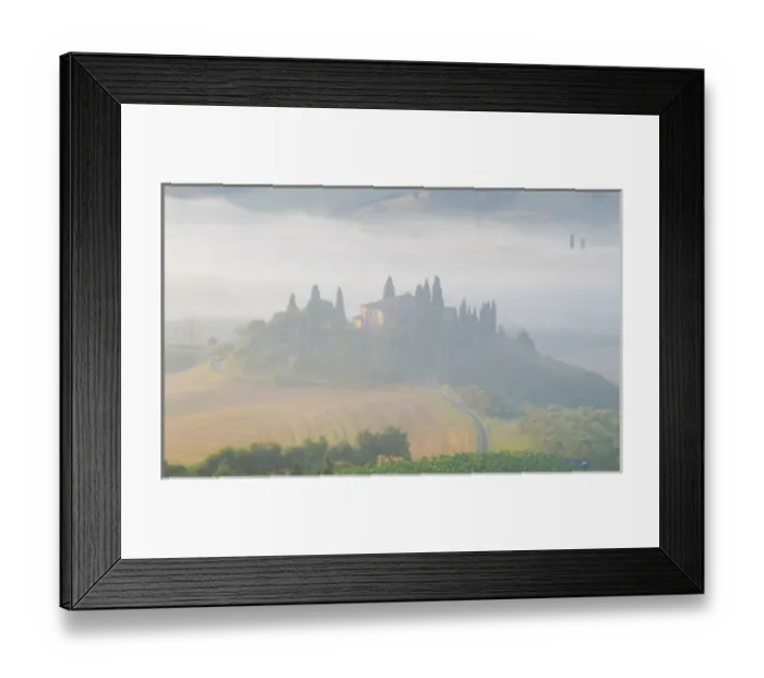 Framed Print : Italy, Tuscany. Belvedere house in morning fog