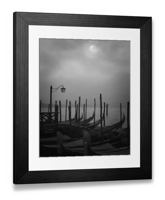 Framed Print : Europe, Italy, Venice. Moored gondolas and fog Framed Print : Europe, Italy, Venice. Moored gondolas and fog