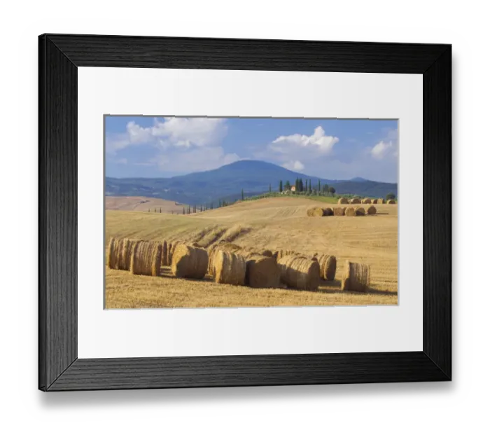 Framed Print : Italy, San Quirico d Orcia. Bales of hay and farm house Framed Print : Italy, San Quirico d Orcia. Bales of hay and farm house